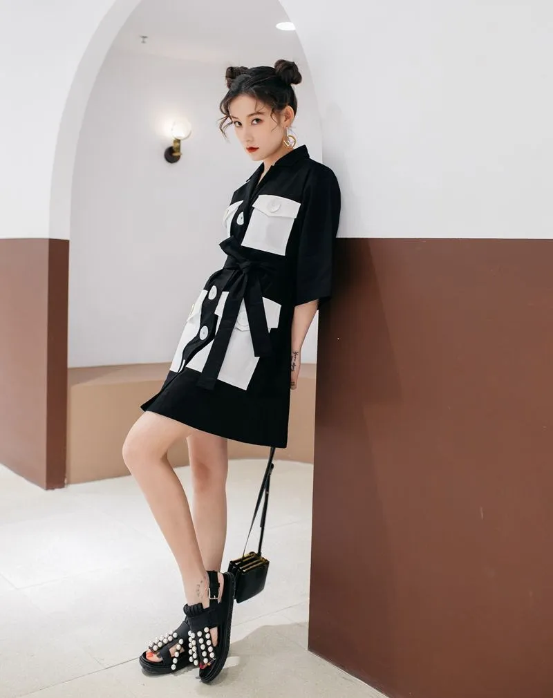 WHITNEY WANG 2019 Summer Fashion Streetwear Colors Contrast Pockets Big Buttons Sashes Shirt Dress Women Casual | Женская одежда