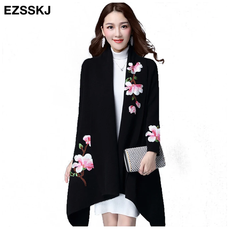 Элегантный кардиган свитер плащ пальто женское кимоно с цветочной вышивкой