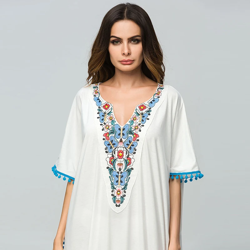 Летние Винтаж Boho пляж белый Платье макси с цветочной вышивкой в богемном стиле