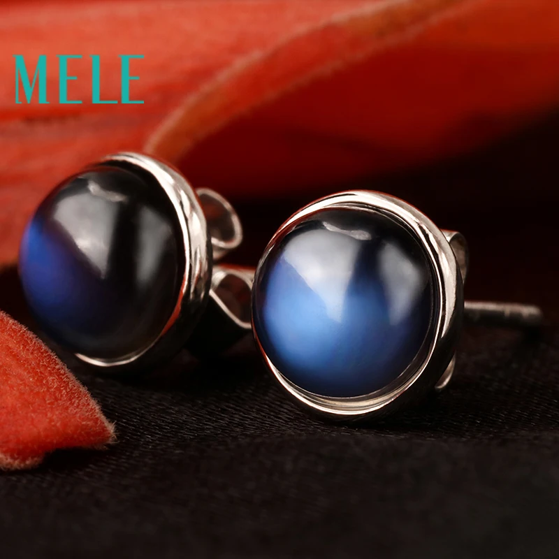 Натуральный лунный камень синего цвета Настоящее 18k белое золото серьги 6 мм