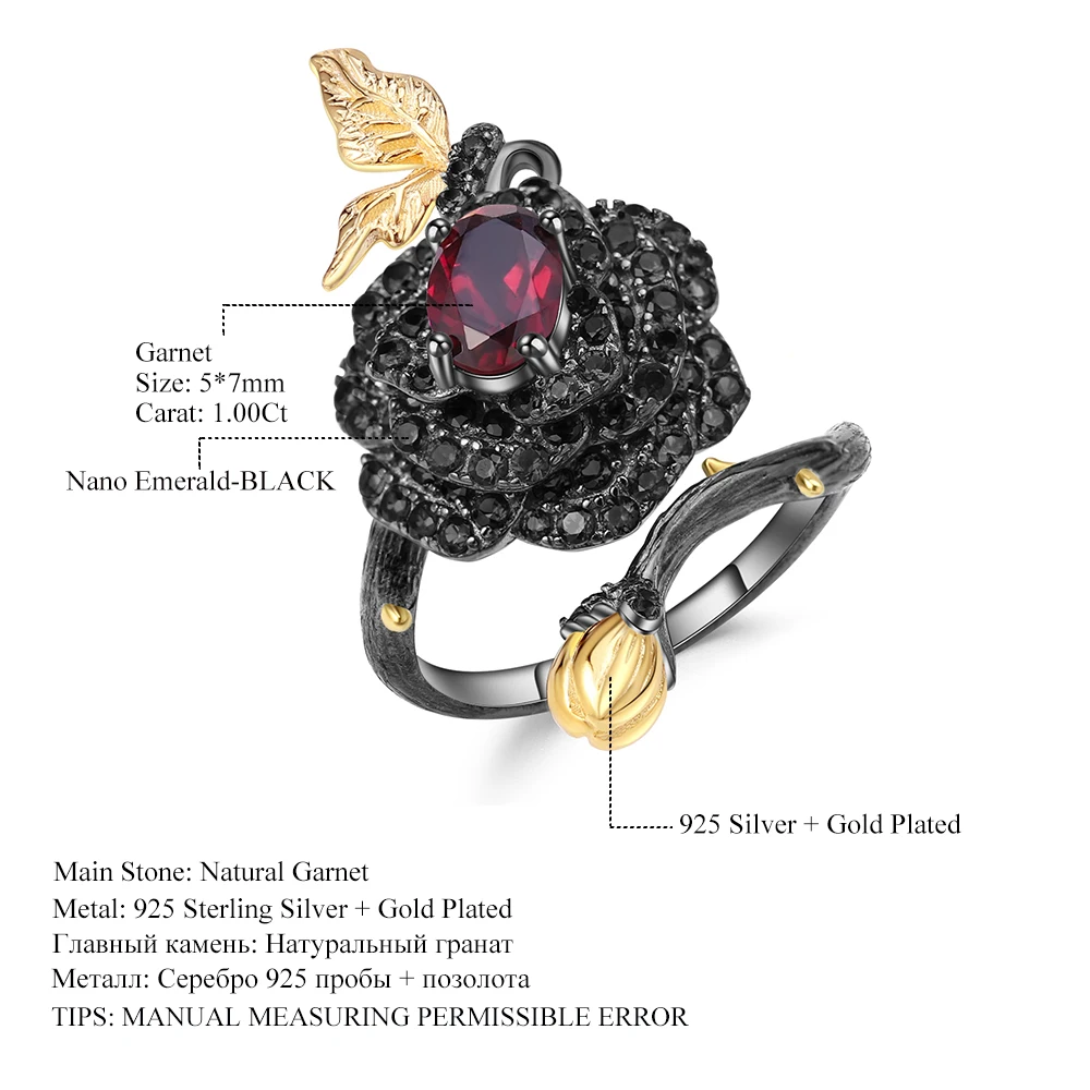 

GEM'S BALLET 925 Sterling Silver Handmade Adjustable Vintage Open Ring 1.00Ct Natural Garnet Rose Flower Rings for Women Bijoux