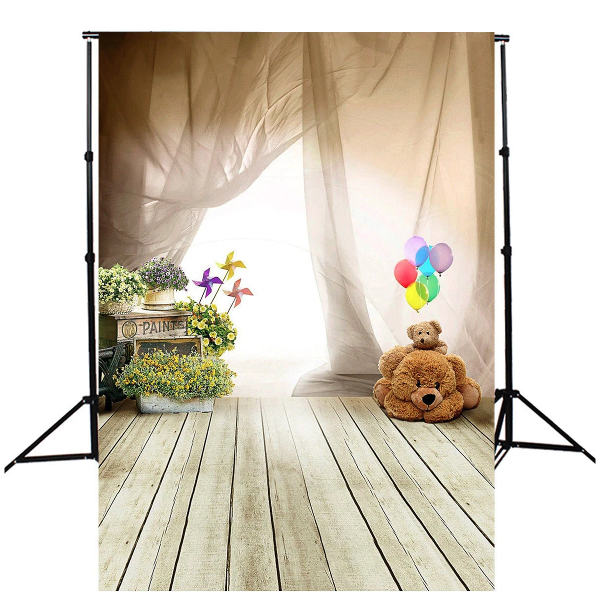 5x7ft винил фон фотографии медведь цветок окна пол стены Studio Задний план |