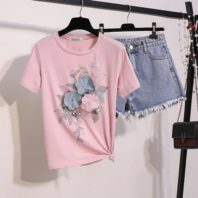Европейские летние 2019 новые женские 3D цветы вышивка с короткими рукавами