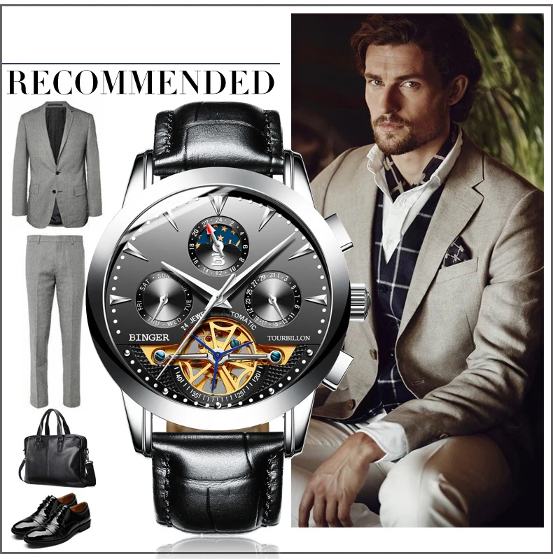 Tourbillon Men Top Luxury Brand Watches Automatic Mechanical Watch Stainless Steel Waterproof BINGER relogio masculino B-1188G