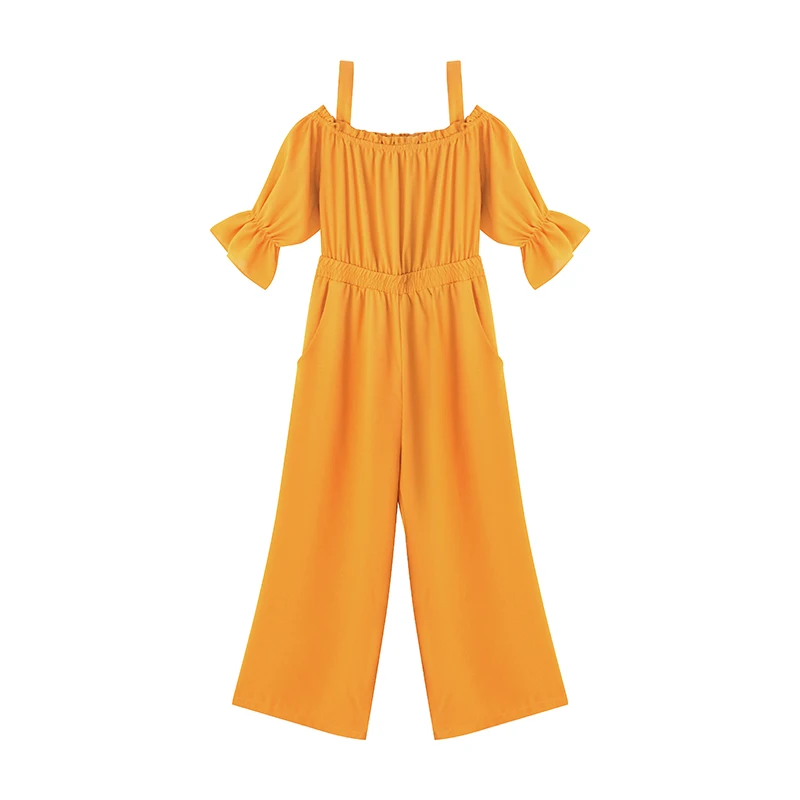 Желтый элегантный офисный женский однотонный комбинезон с открытыми плечами и