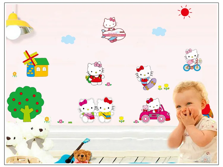 lovely girl Hello Kitty 4 children bedroom kindergarten TV setting Wall stickers Early education Decorative | Дом и сад