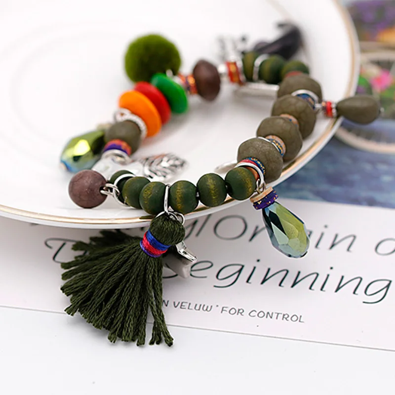 ALLYES Green Wooden Beads Bracelets for Women Jewelry Bohemian Vintage Wool Ball Alloy Leaves Charms Bracelet Femme | Украшения и