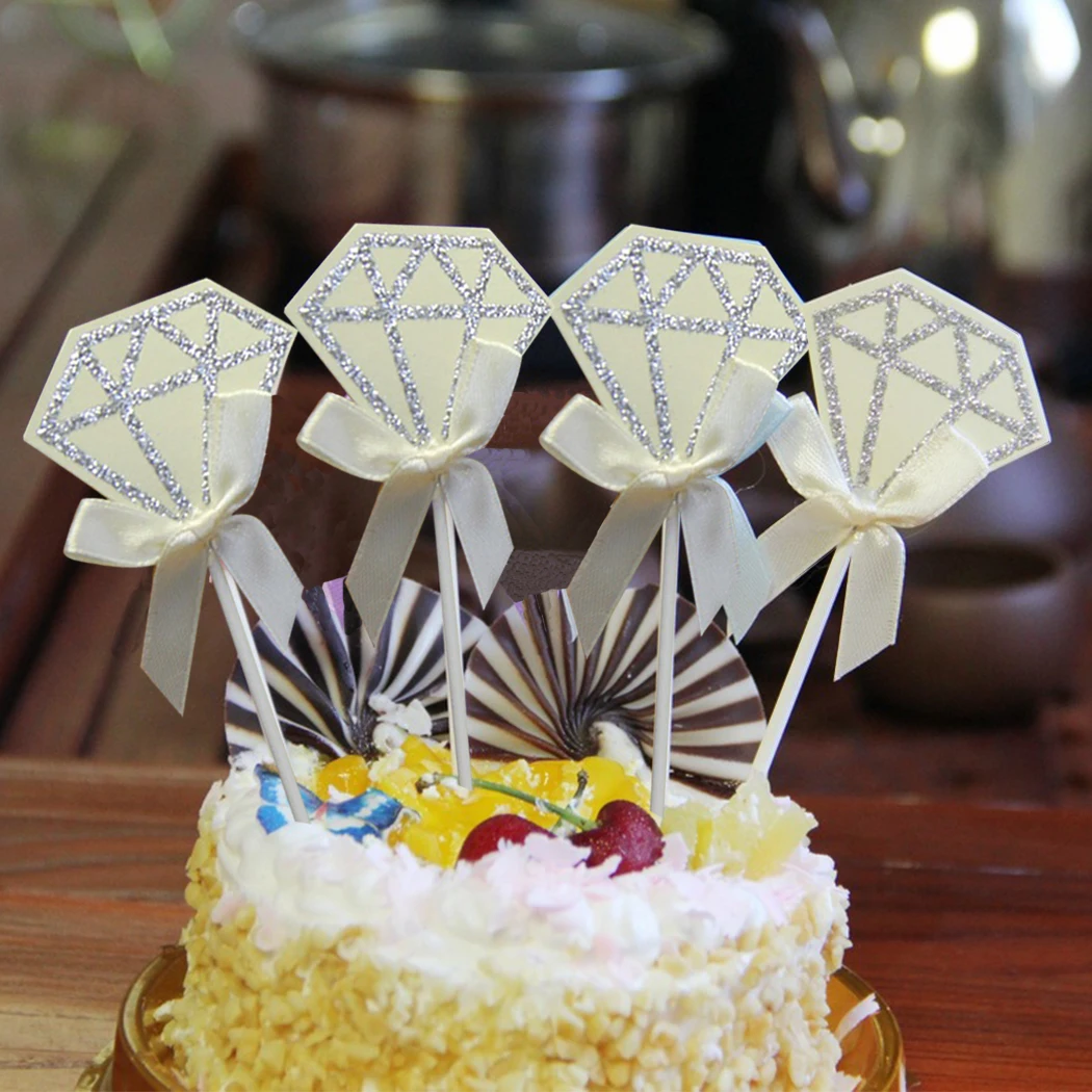 10PCS Cake Topper Glitter Diamond Bowknot Decor Party Cupcake Ornaments |