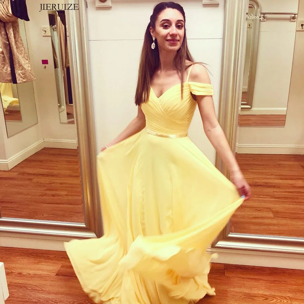 

JIERUIZE Yellow Chiffon Flowy Evening Dresses Sweetheart Off the Shoulder Long Simple Party Dresses Lace up back Formal Dress