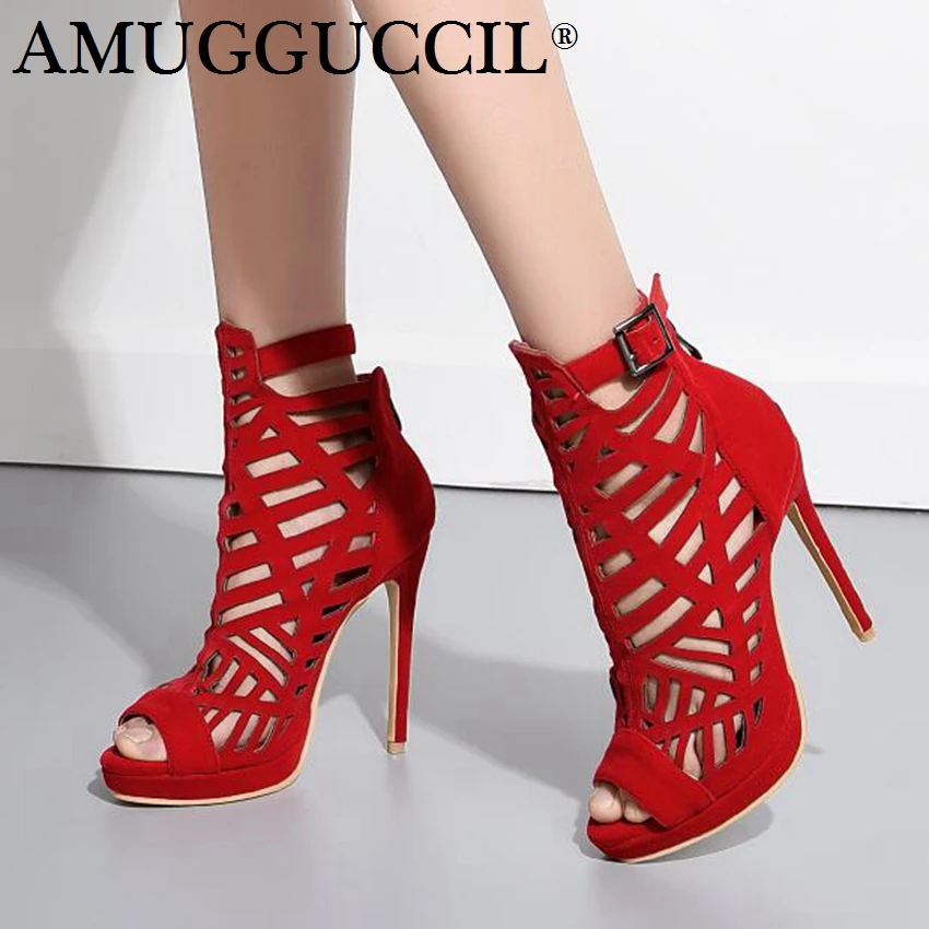 Женские босоножки на высоком каблуке черные или Красные до щиколотки платформе с