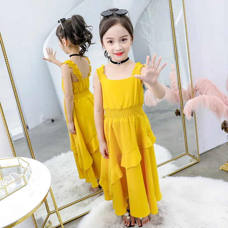yellow chiffon ruffle backless long-dress age for 4 - 14 yrs teenage girls evening party gowns 2019 new summer sleeveless frocks | Детская