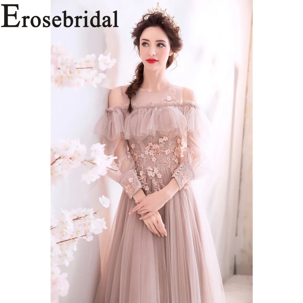 Erosrbridal, платье для выпускного вечера с длинным рукавом, кружевное вечернее платье с кружевом на спине, 3D цветок ручной работы