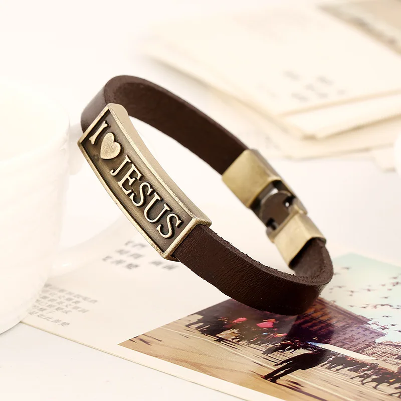 Leather Concise 2019 Type Male Love Jesus Alloy Cowhide charms Bracelet men Gothic bracelets for women bijoux femme | Украшения и