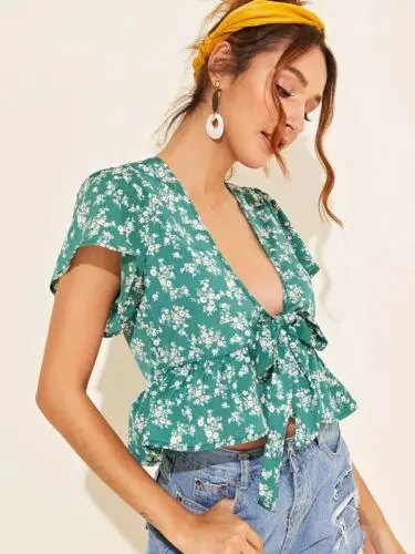 Женский летний цветочный укороченный топ с коротким рукавом женский сексуальный