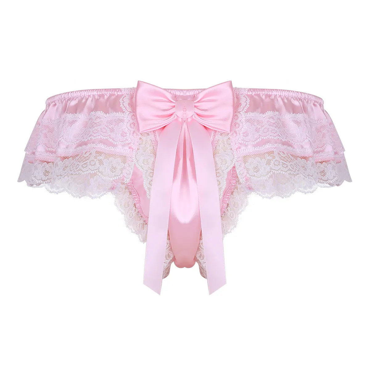 Mens Sissy Underwear Shiny Satin Lingerie Double Layers Floral Lace Panties Back with Big Bowknot Low Rise Thong | Тематическая