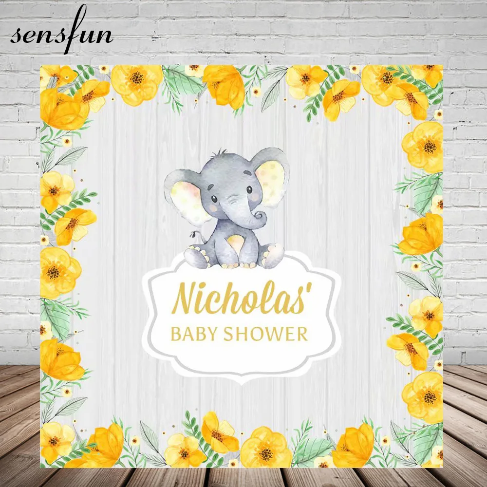 

Sensfun Baby Shower Elephant Photography Backgrounds Yellow Flowers Green Leaves Gray Wood Backdrop For Photo Studio Customized