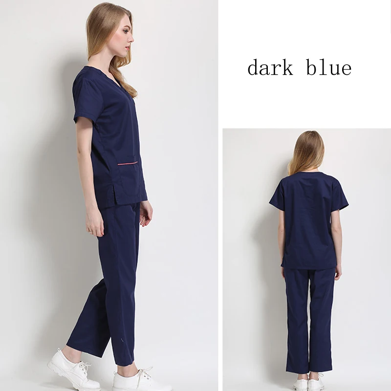 dark blue set Женская мода скрабы медицинская форма color-blocking дизайн(Топ/комплект - Цвет: dark blue set