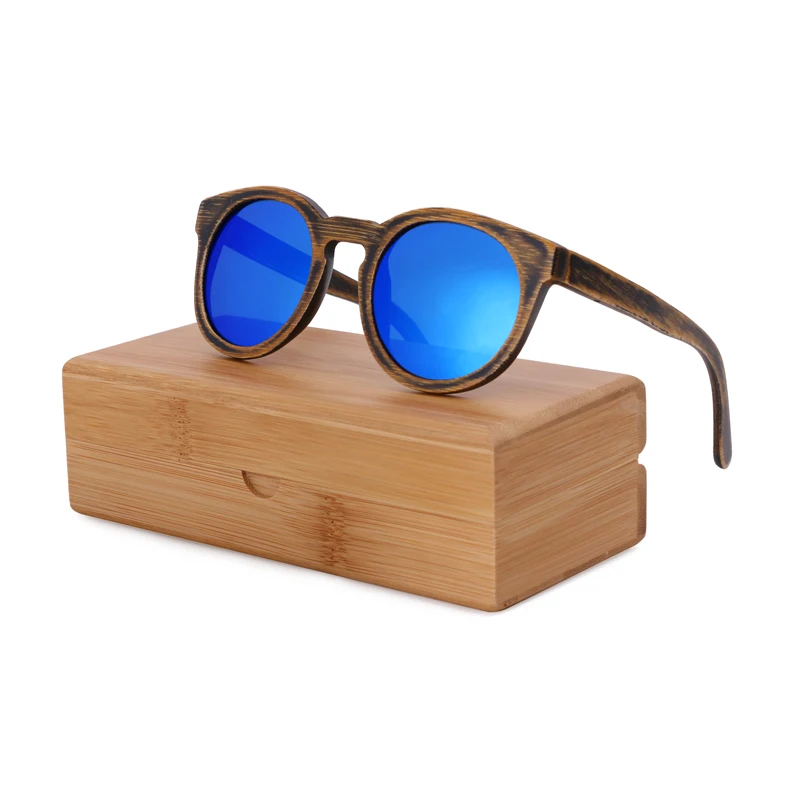 blue lens with case BerWer круглые бамбуковые солнцезащитные очки модные деревянные солнцезащитные очки для мужчин и женщин - Цвет линз: blue lens with case