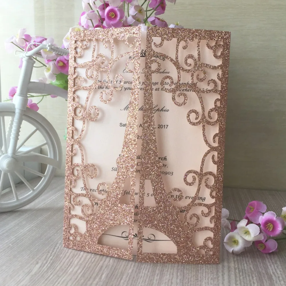 

40pcs Shiny Rose Gold/Silver Glitter Paper Hollow Tower Pattern wedding invitation Cover card Birthday Dinner Greeting card