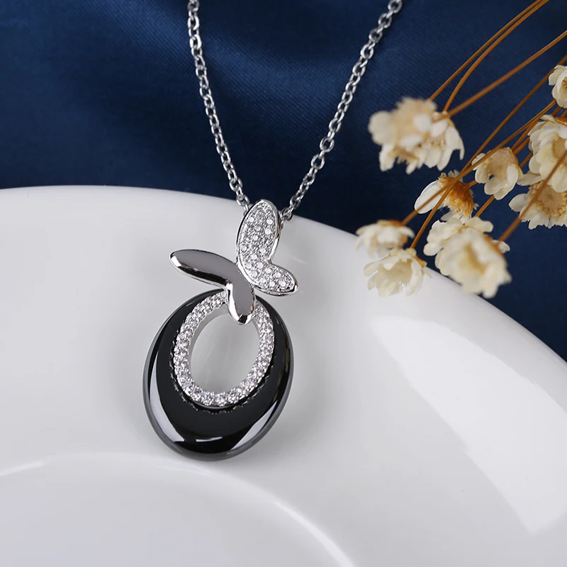Black White Necklaces &amp Pendant Ceramic Crystal Necklace Transparent Glaze Silver Chain Butterfly Wedding Jewelry Gift | Украшения и