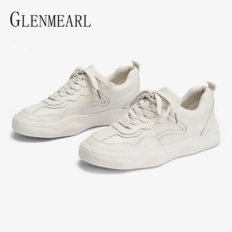 Женские кожаные кроссовки на платформе Белые Повседневные туфли толстых
