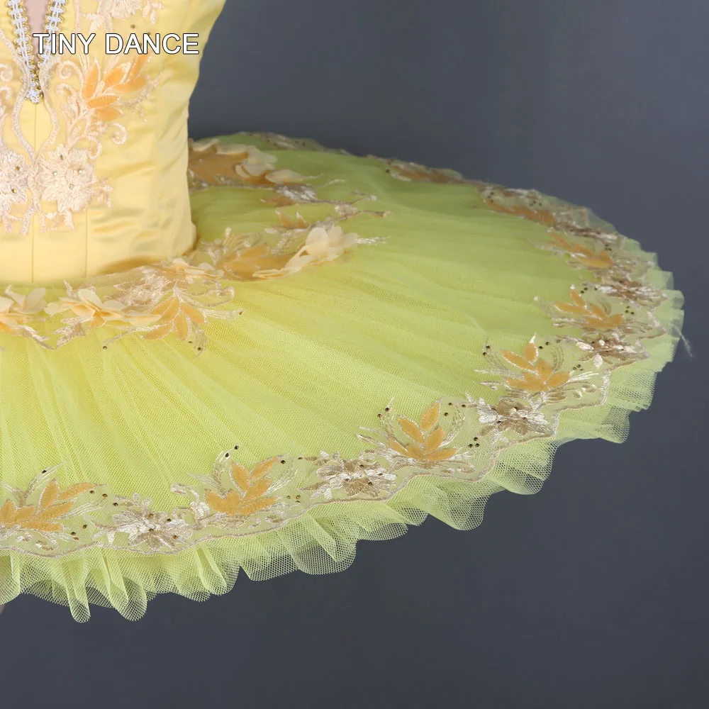 Индивидуальный блестящий желтый лиф из спандекса с 10 слоями жесткой тюлевой