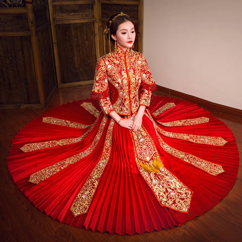 

Vintage red Embroidery Cheongsam Modern Traditional Chinese style Wedding Dress Oriental Women's Long Qipao Vestidos Size S-XXL