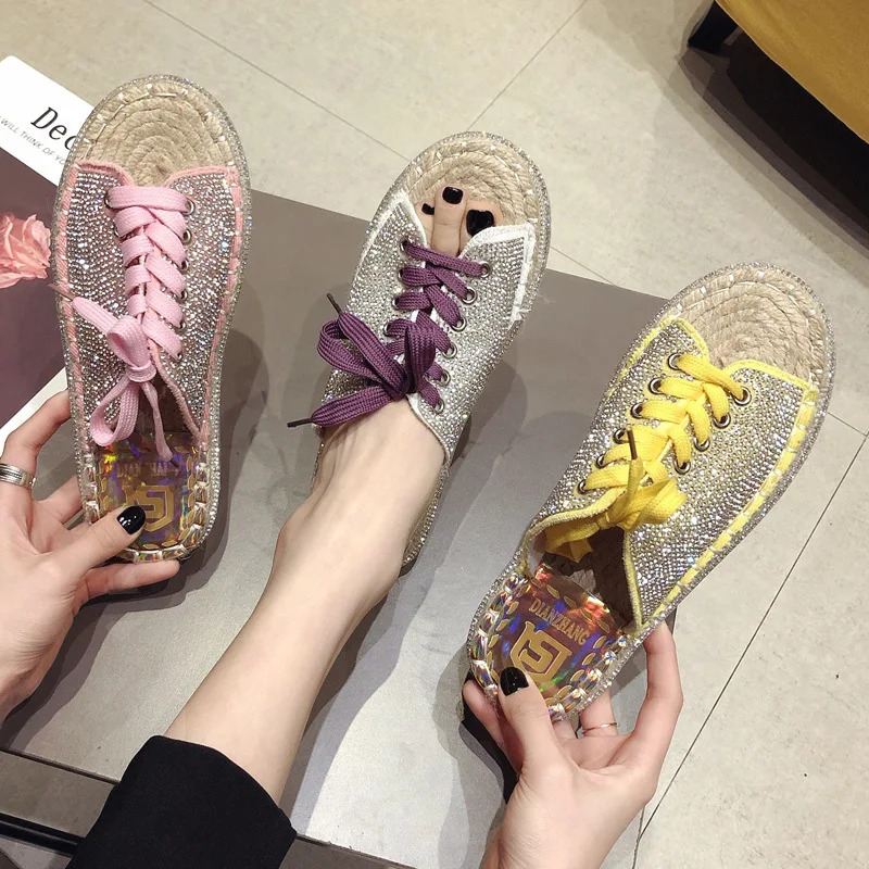 Туфли женские конопляные на низком каблуке Повседневные тапочки со стразами