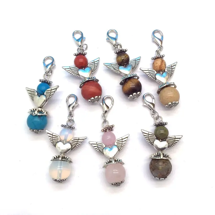 New Pendant Wholesale Colorful Stone Beads Protection Angel Pendant Charm For Bag Keychain Accessory Mixed Colors Metal Hook
