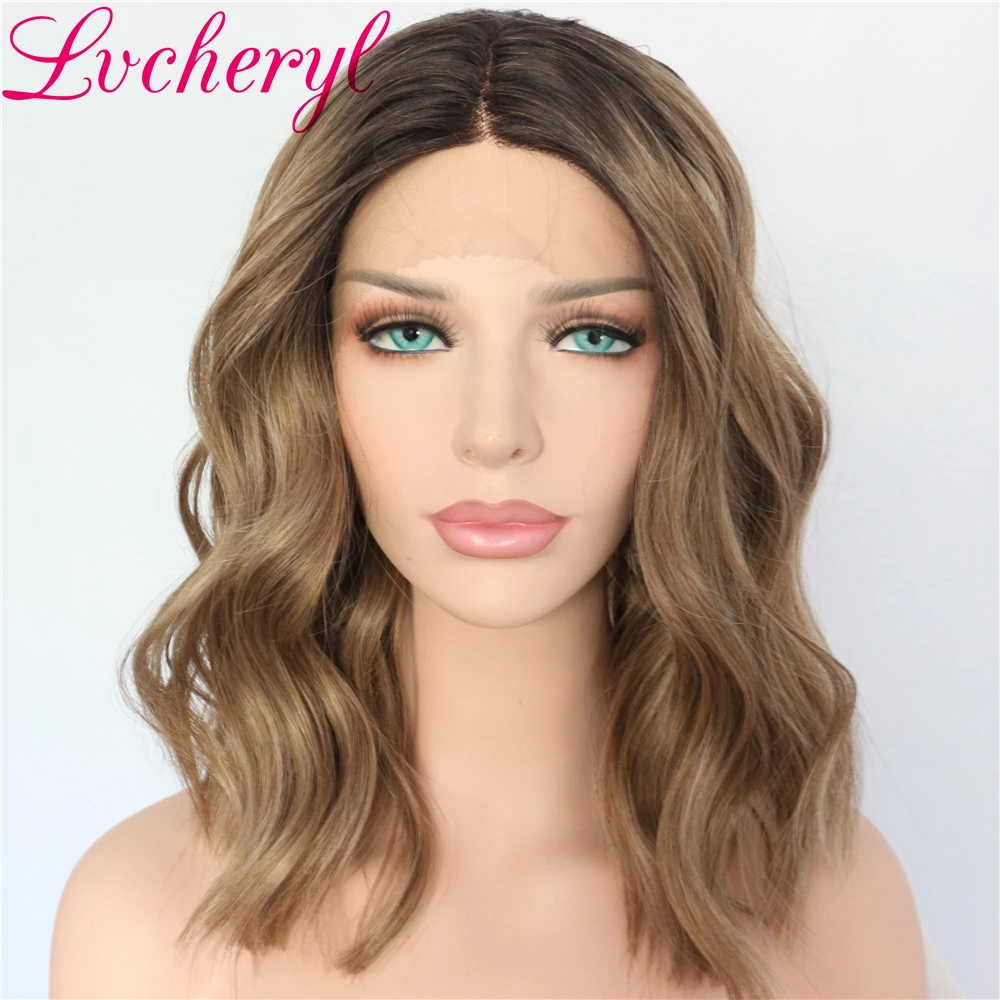 Lvcheryl темные корни Омбре парики для женщин короткие волнистые волосы коричневые парики термостойкие синтетические кружева передние парики