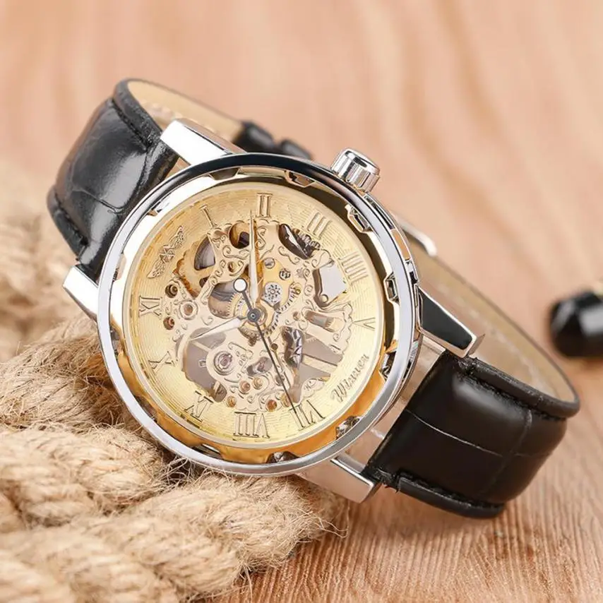 Скелет механические часы Для мужчин кожа циферблат Автоматическая Бизнес