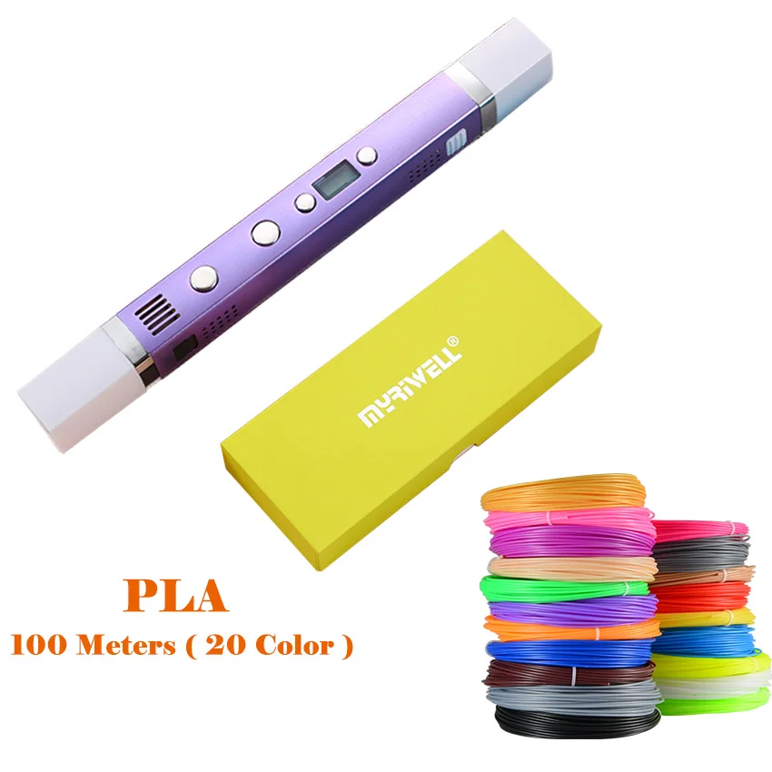 Myriwell 1,75 мм ABS/PLA DIY 3D ручка LED Экран, зарядка через usb 3D печать Ручка+ 100 м нити Творческий подарок игрушки для детей дизайн - Цвет: Purple add 100m PLA