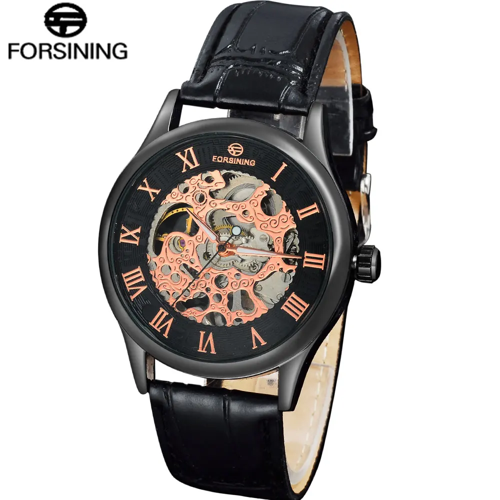FORSINING Fashion Brand Men'S Casual Watches Men Leather Band Hand Wind Skeleton Mechanical Wirst Relogio Masculino | Наручные часы
