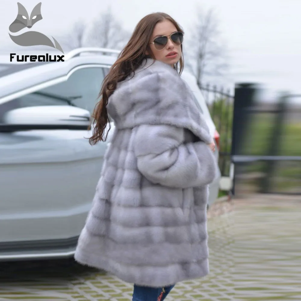 Женская Шуба из меха норки Furealux серая с капюшоном и поясом теплая свободная шуба