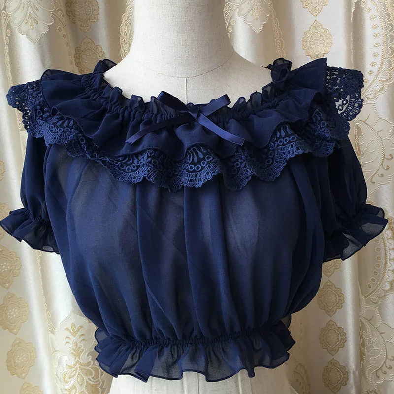 Красная Шифоновая и кружевная блузка с рюшами свободная круглым вырезом