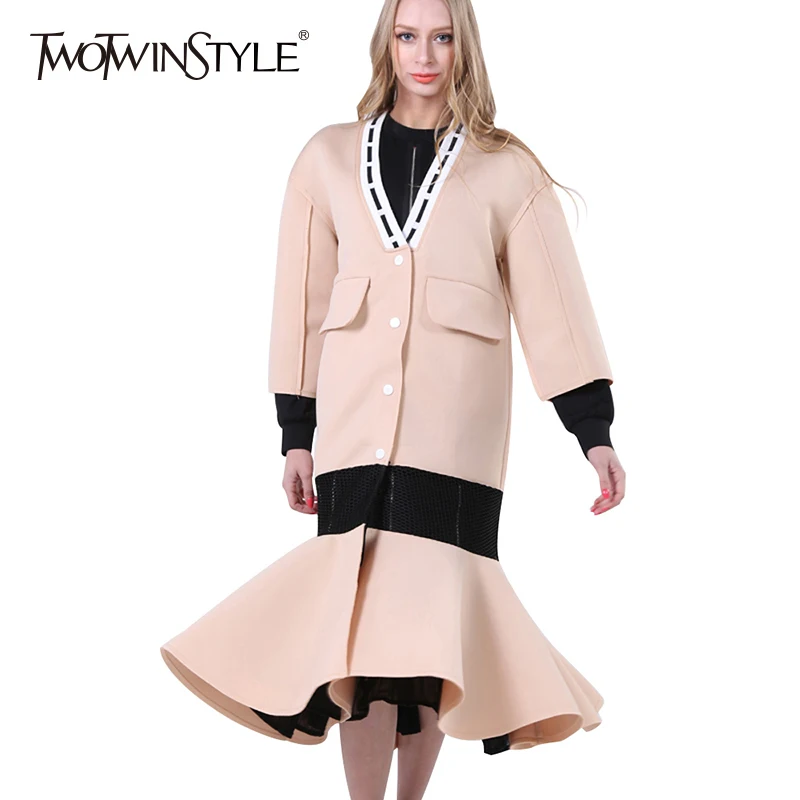 TWOTWINSTYLE Patchwork Mesh Trench Coats Female Fishtail Long Windbreaker Cardigan Women Clothing Space Cotton Fashion|fashion trench coat|trench