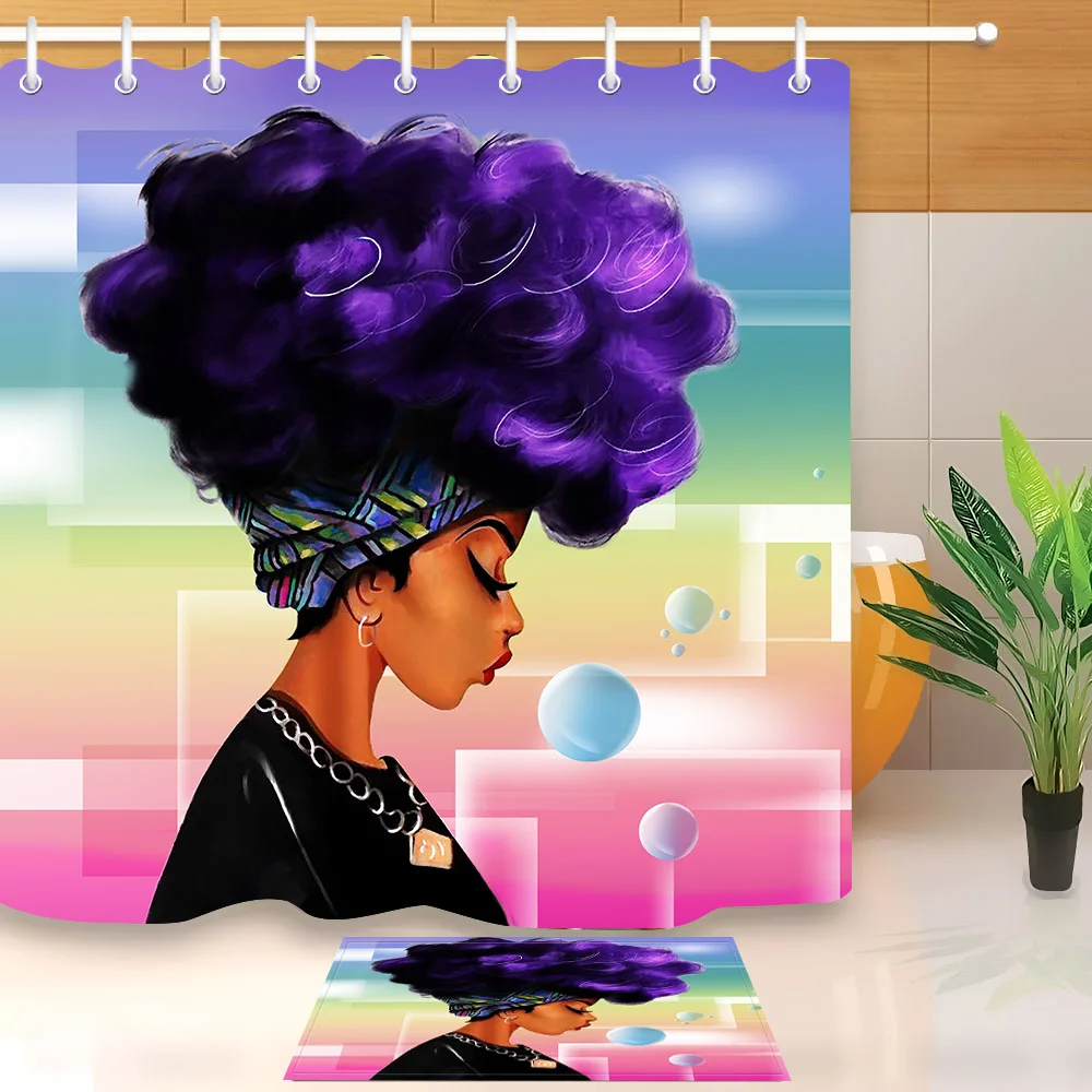 

Watercolor African American Shower Curtains + Bath Mat 2 Times Set Bath Waterproof Afro Girl Polyester CurtainFor Bathtub Decor