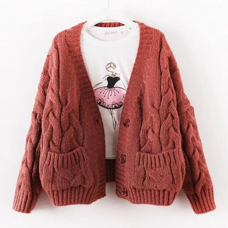 Осень зима 2018 вязаный свитер женский кардиган плотный свободный Однотонный