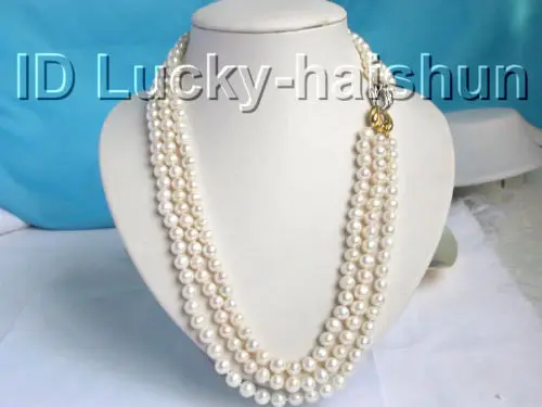 

Selling Jewelry>>>Genuine! 3row round white freshwater pearls necklace j2508