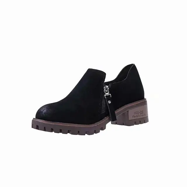 2018 autumn new Korean students round head with heel single shoes side zipper scrub casual | Обувь