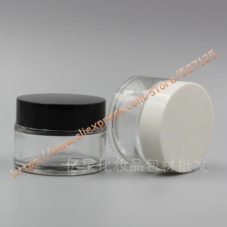 Прозрачная стеклянная банка для крема 30 г с белой/черной пластиковой крышкой