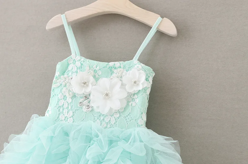 Розовое/миньевое кружевное платье для девочек с шифоновым цветком со стразами и