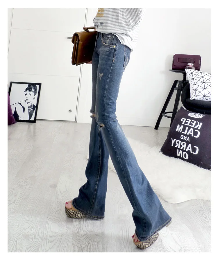 Plus Size Autumn With Low Waist Women Flare Jeans Bell Bottom Ripped For Streetwear Reglar Hole Denim C2003 |