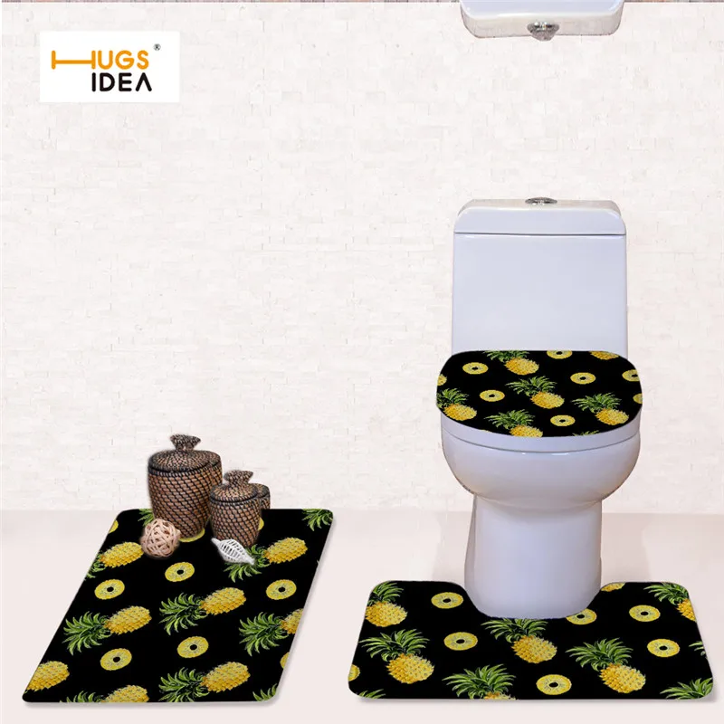 

HUGSIDEA Fruit Pineapple Print Toilet Seat Cover Anti-slip Bathroom Foot Mat Rug Washable Cushion Pads Lid for WC 3 Pieces Set