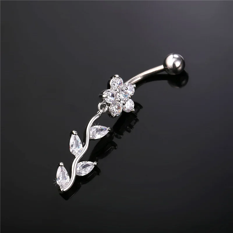 Collare Crystal Long Belly Button Ring Rose For Women Party Yellow Gold/Silver Color Navel Body Charm Jewelry DB114 |