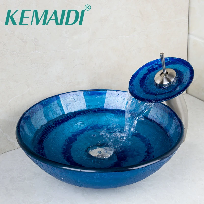 

KEMAIDI Bule beauty Vessel Vanity Hand Painting Basin Sink Countertop Bowl Vessel Tempered Glass Basin Faucet Set