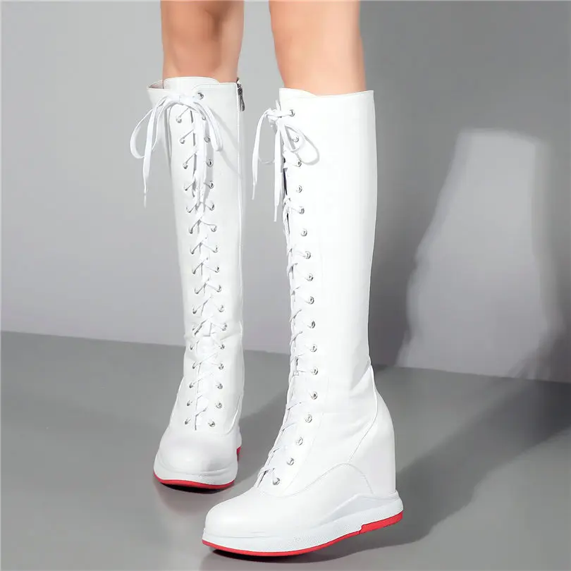 Thigh High Boots Women Genuine Leather Lace Up Knee High Booties Wedges High Heel Tall Shaft Punk Sneakers Winter Punk Creepers