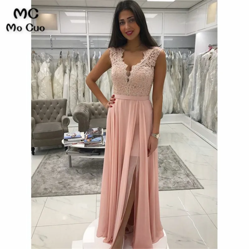 

Женское шифоновое вечернее платье, длинное розовое платье для выпускного вечера с кружевом и V-образным вырезом спереди, с бусинами, 2019