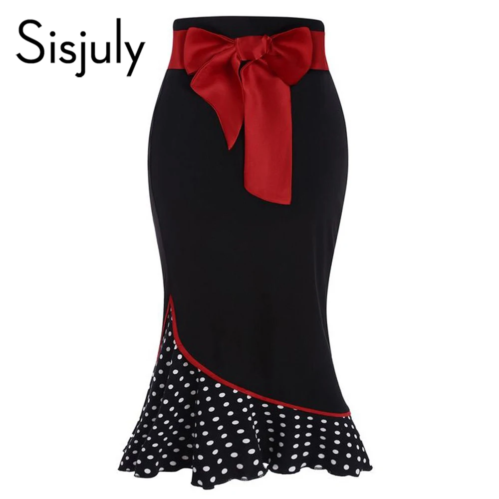 Sisjuly Горошек Лоскутное Красный Бантом Русалка Юбка Старинные Сексуальные Bodycon