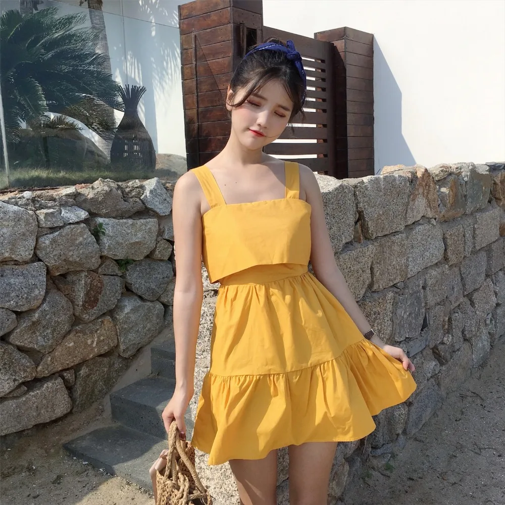 Новинка лета 2018 женское корейское пляжное праздничное платье на бретельках с